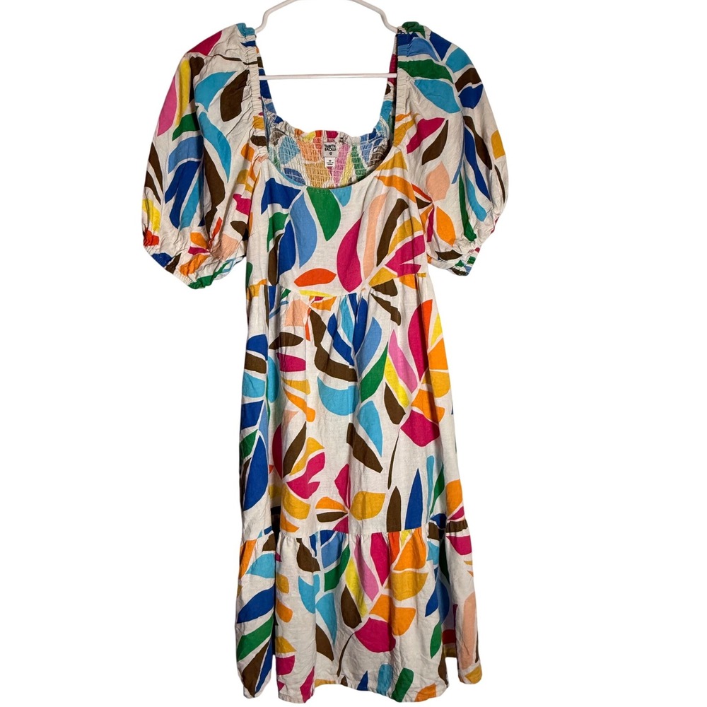 Tabitha Brown Target Tropical Leaf Puff Sleeve Linen Blend Midi Dress